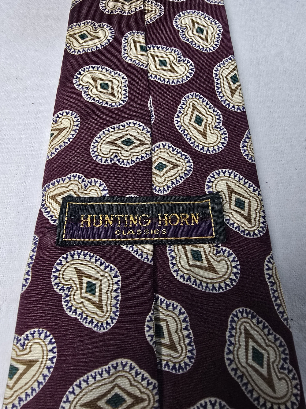 Vintage Hunting Horn Classics 100% Silk Tie Burgundy Geometric Made USA